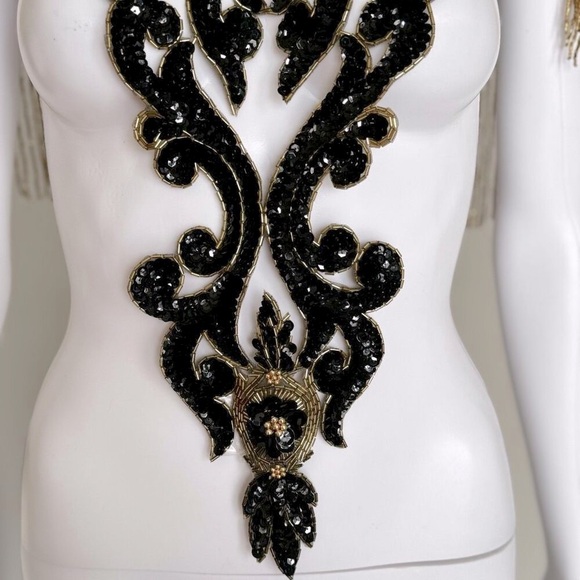 Vintage Black & Gold Ornate Hand Beaded Sequin Bodice Appliqués Patch Piece - Picture 10 of 10